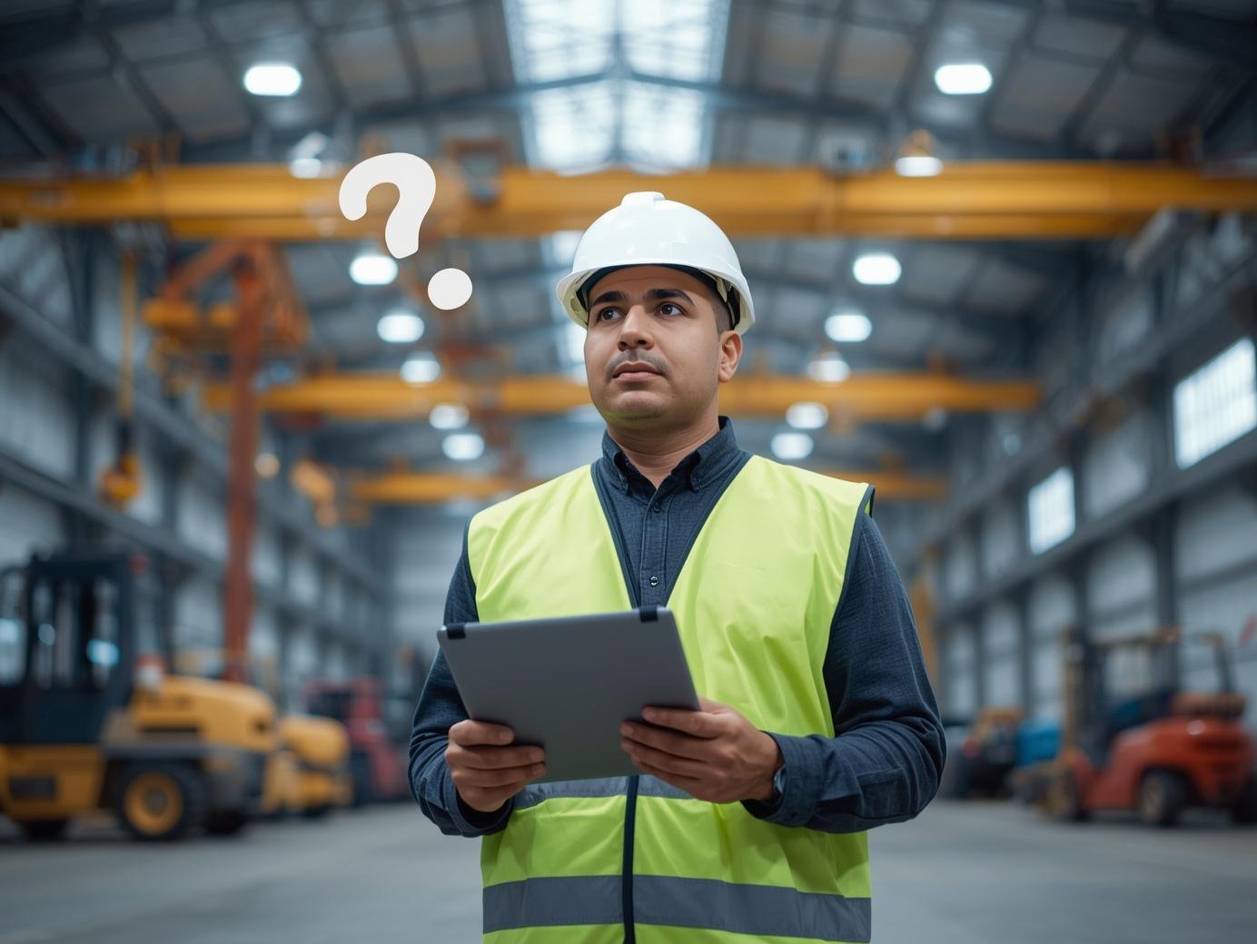 Erstelle einen nachdenklichen Einkäufer mit Helm, Tablet und Sicherheitsweste, mit einem Fragezeichen über den Kopf. Hintergrundfarbe sollte folgenden Farbcode haben_ #003c71-1